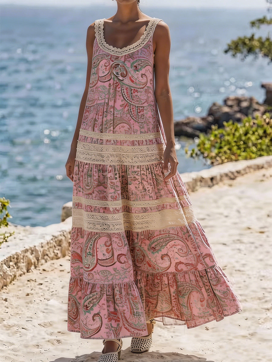 Women's Retro Style Art Print Casual Vintage Lace Shoulder Strap Dress